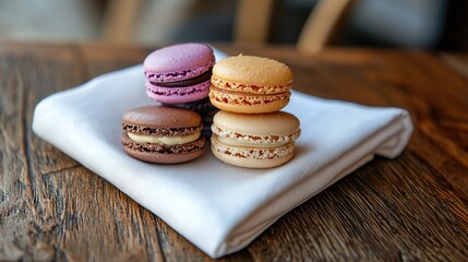 Canvas Print -   A set of macaroons resting on a white napkin atop a wooden table, with a wooden chair visible behind