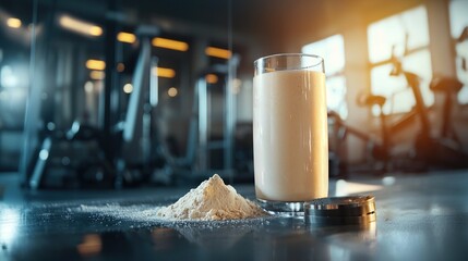 Poster -   A glass of milk rests atop a table alongside a mound of powdered sugar