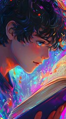 Wall Mural - A boy with short black hair is reading an open book, with a colorful background, a close-up of his face and head, in a flat illustration style