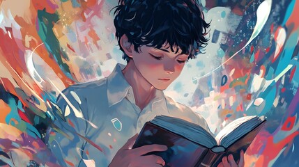 A boy with short black hair is reading an open book, with a colorful background, a close-up of his face and head, in a flat illustration style