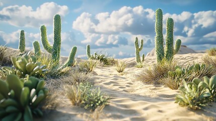 Poster -   A cluster of cacti atop a sand-covered field beneath a blue sky with billowy white clouds