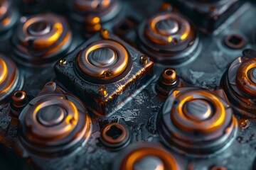 Poster - Futuristic metallic buttons glowing orange on a circuit board, perfect for technology or industrial themes