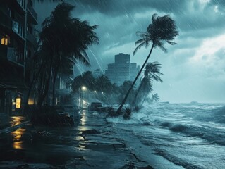 Intense tropical storm hurricane that caused severe flooding in  city, powerful impact of extreme weather on urb