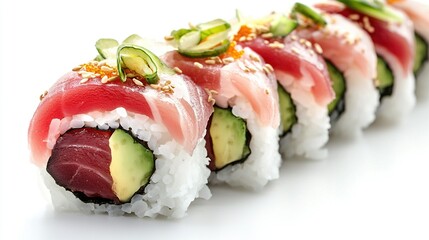 Poster -   Sushi rolls with cucumber, avocado, and sesame seeds on a white background