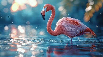 Sticker -   A flamingo with pink plumage stands gracefully in water, submerging its head and extending legs for a refreshing dip