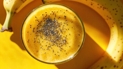 Poster -   A yellow smoothie with chia seeds in a glass on a yellow surface alongside a cluster of bananas