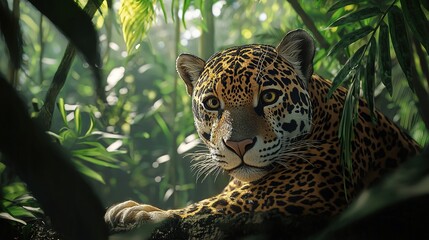 Poster -   A leopard rests atop a branch, amidst lush greenery in a dense forest