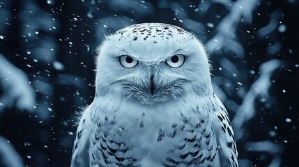 Canvas Print -  White owl with blue eyes on dark background with snowflakes