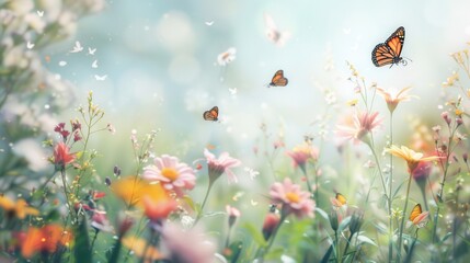Poster - Butterflies flutter above a lively meadow, surrounded by an array of colorful flowers under a bright and cheerful sky. Generative AI