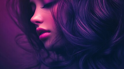 Wall Mural - Close up portrait of a woman with long dark hair, with a red lipstick and a purple neon light in the background