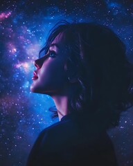 Wall Mural - woman gazing up at a starry night sky, digital art, dreamlike
