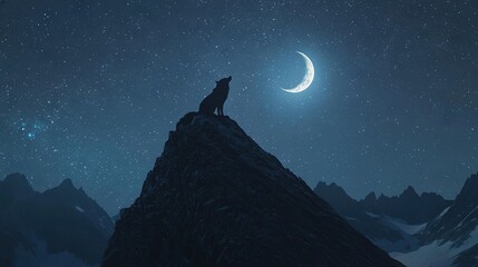 Canvas Print -   A wolf perched atop a snow-draped peak amidst a starry night sky, half moon included