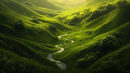 Canvas Print -  Lush green valley with a stream, surrounded by hills and trees