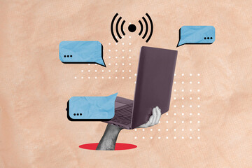 Sticker - Contemporary art collage of hand holding laptop computer with wifi signal connection remote texting isolated on beige color background