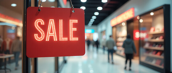 Sale sign in shopping mall. Advertisement concepts for retail business. Marketing message hanging in store. merchandise.