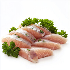 Raw fish fillet with parsley isolated on a white background