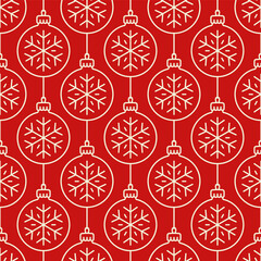 Wall Mural - White outline linear Christmas tree balls and snowflakes isolated on red background. Monochrome seamless pattern. Vector simple flat graphic illustration. Texture.