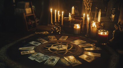 Altar filled with occult symbols, candles  in a circle, Tarot cards, mysterious and mystical vibe