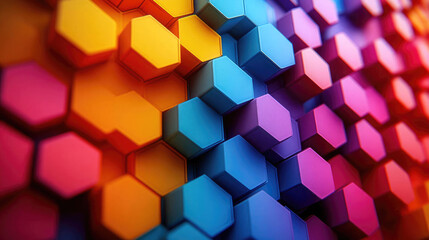 Poster - A colorful array of hexagonal blocks arranged in a gradient, representing vibrant abstract art and modern design. Perfect for backgrounds and creativity themes