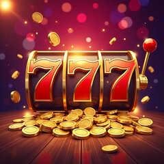 Abstract background of casino. Colourful online casino banner of 777 big winning symbol slot machine gold jackpot, casino bar and celebration light graphic background, entertainment leisure concept