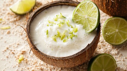 Poster -   A close-up of a coconut drink in a coconut bowl with limes and a lime slice on the side