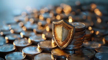 A lot of golden coins in stacks, protected by a secure shield. Capital protect concept