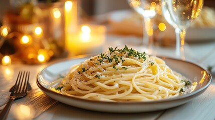 Poster -   A platter of spaghetti topped with Parmesan cheese and garnished with fresh parsley rests atop a table adorned with candles and wine