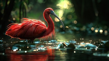 Wall Mural -   Flamingo in water, beak in mouth, reflection in water