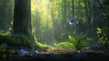 Canvas Print -  A blue flower thrives under the dappled sunlight filtering through the verdant forest canopy, its petals glistening with morning dew