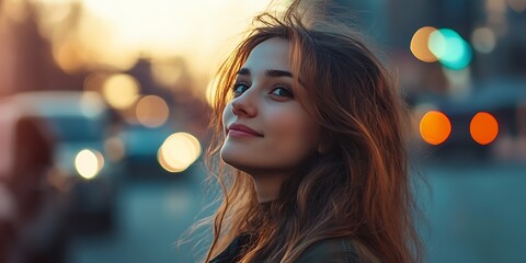 Wall Mural - Beautiful Woman with Long Hair Gazing at the Sunset in the City