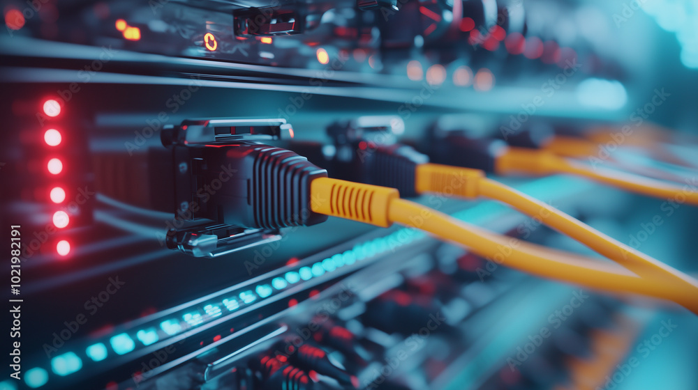 Computer Cables Yellow Connector Detailed view of multicolored network cables, each connected securely ...