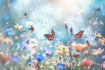Poster - In a lively meadow, butterflies flit among blooming flowers, enjoying the warm sunlight on a beautiful spring day. Generative AI