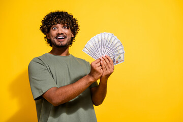 Sticker - Photo of impressed satisfied guy with wavy hair dressed khaki t-shirt holding dollars in hands isolated on yellow color background