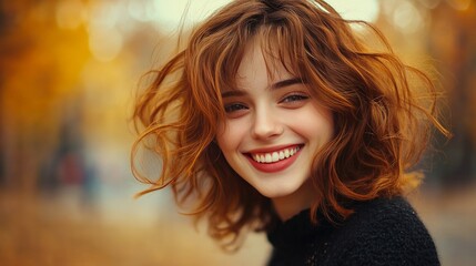 Season and People Concept: A contented autumnal girl photograph. Pretty girl, street style, fashion model, outdoor beauty portrait