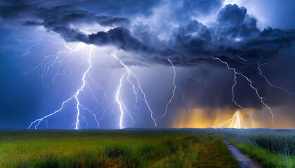 Dramatic thunderstorm with striking lightning illuminating a cloudy sky over a green field during twilight