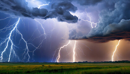 Dramatic lightning display over a vast landscape during a summer thunderstorm at dusk in the countryside