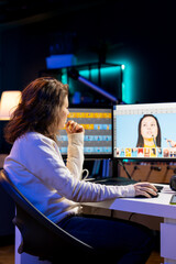 Poster - Photo editor editing images, doing color correction in post production company using multi monitor setup. Photographer fixing overexposed pictures on desktop computer retouching software