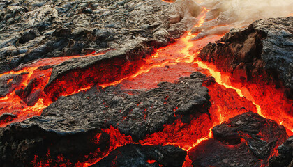 Flowing lava illuminates the rugged terrain of an active volcano during a daytime eruption