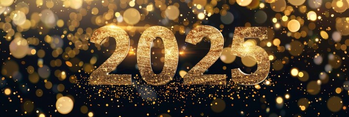 Wall Mural - golden glittering 2025 celebration background with abstract, cheerful and festive elements, perfect 