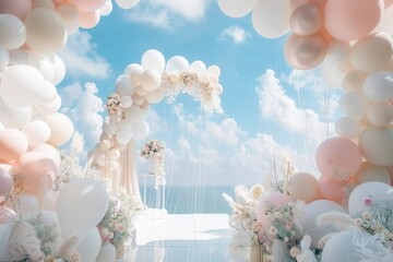 Canvas Print - Delicate white and pastel balloons create a stunning backdrop for a romantic wedding ceremony by the ocean, perfectly styled for the occasion. Generative AI