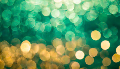 Poster - Glittering bokeh lights create a magical atmosphere over a shimmering teal background in soft focus during twilight hours