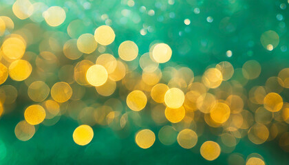 Poster - Golden bokeh lights shimmer gently on a vibrant green background, creating a dreamy, festive atmosphere during evening celebrations