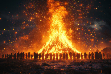 Poster - a bonfire illuminating a group of people gathered around it, creating a sense of community. concept 
