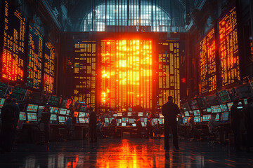 Poster - traders gathered around the stock exchange floor, monitoring the volatile markets and making quick d