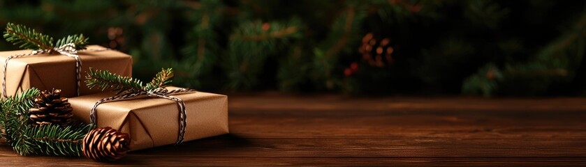 Wall Mural - christmas background, wrapped gifts on a wooden surface surrounded by natural elements.