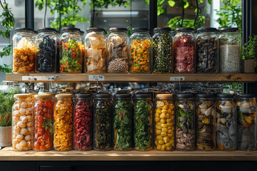 Poster - a zero-waste grocery store where customers bring their own containers to purchase food, eliminating 