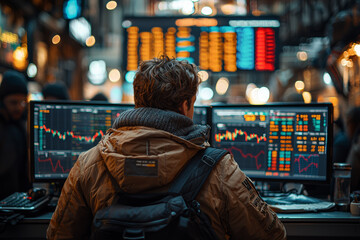 Aufkleber - a trader following global stock indices, demonstrating the interconnectedness of world markets and t