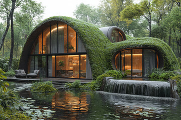 Poster - a sustainable home built with eco-friendly materials and designed to be energy-efficient, reducing e
