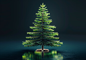 Wall Mural - Christmas tree on a reflective surface minimalist black background