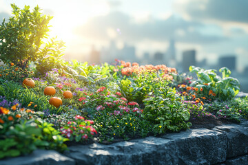 Aufkleber - A rooftop garden in a city, providing fresh produce and green space while reducing the urban heat island effect. Concept of urban ecology.
